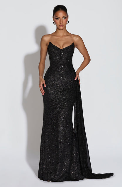 Black Sparkle Ashika Plum Linen Maxi Dress
