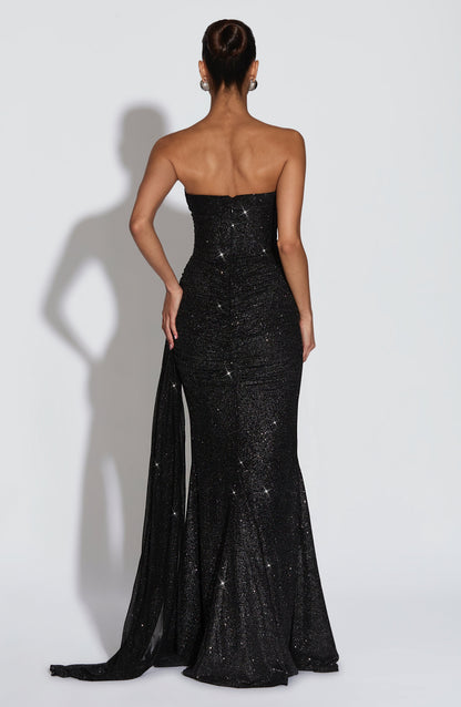 Black Sparkle Ashika Plum Linen Maxi Dress