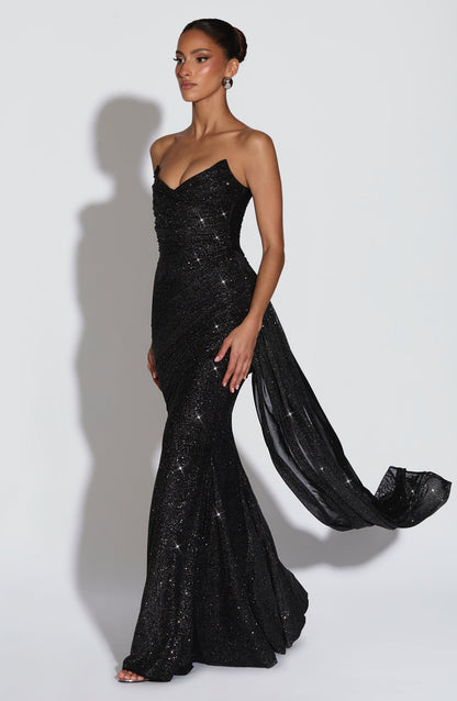 Black Sparkle Ashika Plum Linen Maxi Dress