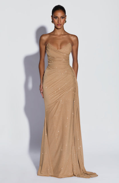 Gold Sparkle Ashika Plum Linen Maxi Dress
