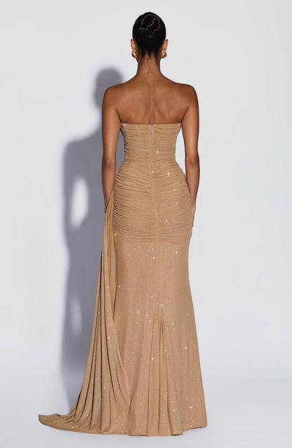 Gold Sparkle Ashika Plum Linen Maxi Dress