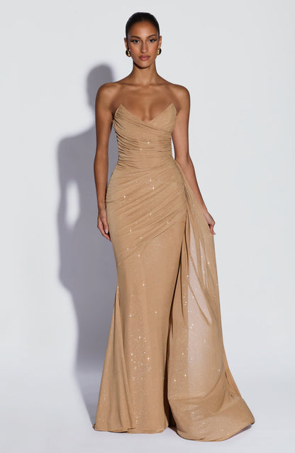 Gold Sparkle Ashika Plum Linen Maxi Dress