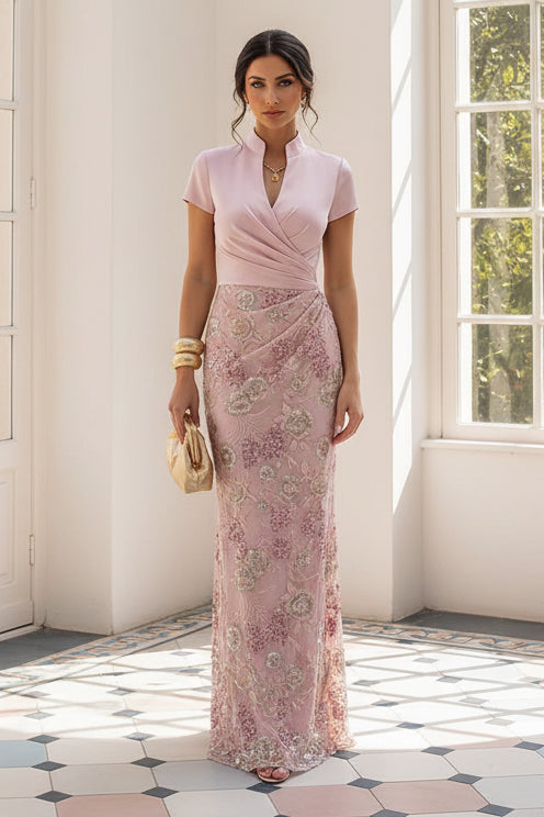 Dusty Rose Arabella Floral Embroidered Column Gown