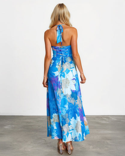 Blue Print Audrey Halterneck Maxi Dress in Blue Print