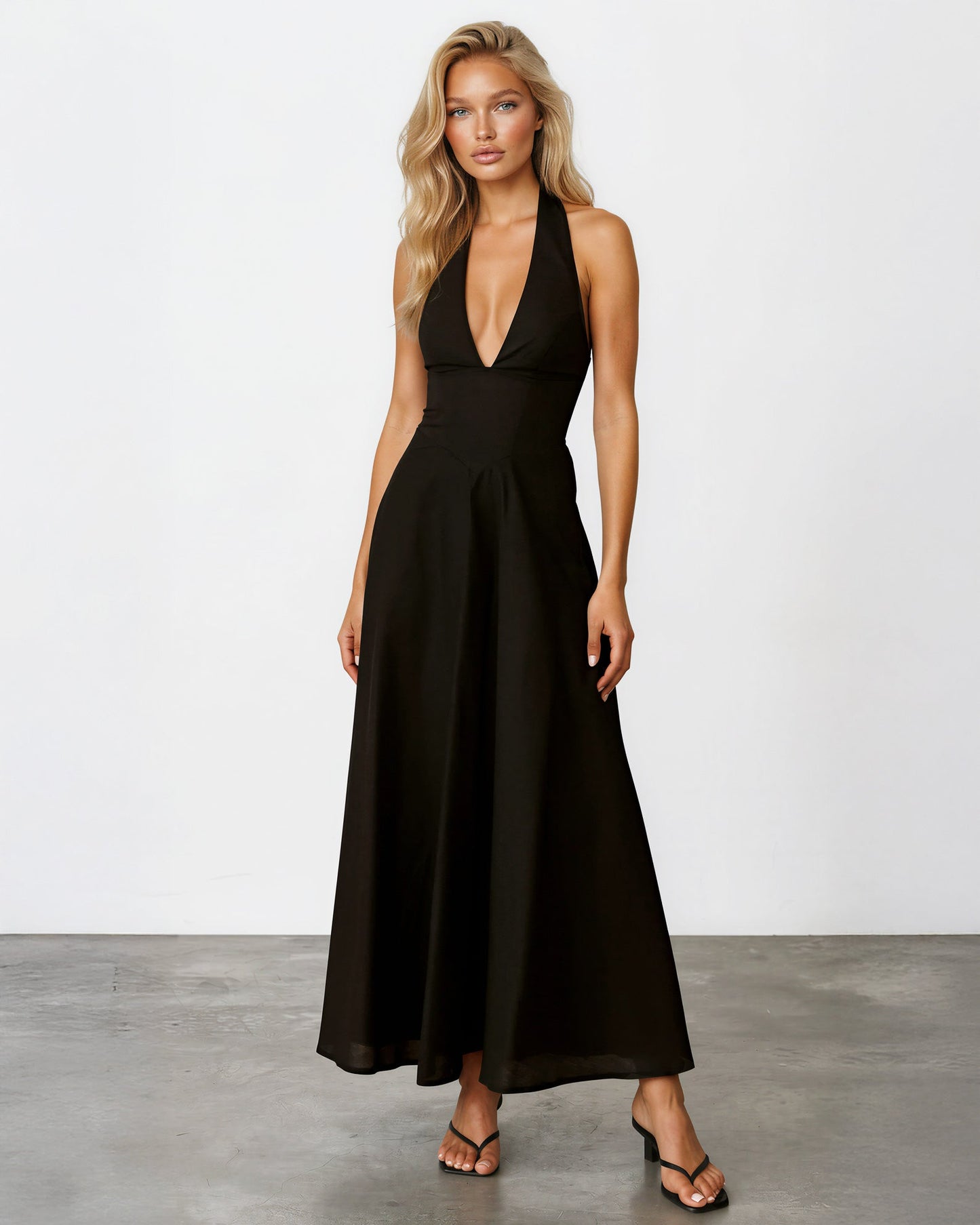 Black Audrey Halterneck Maxi Dress in Blue Print