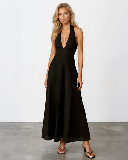 Black Audrey Halterneck Maxi Dress in Blue Print