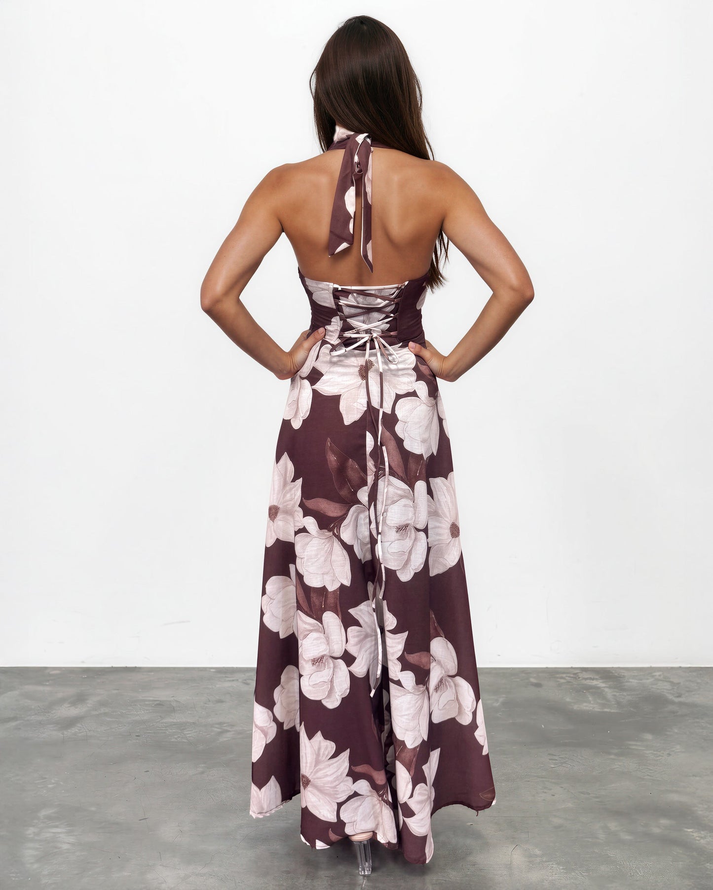 Chocolate Floral Audrey Halterneck Maxi Dress in Blue Print