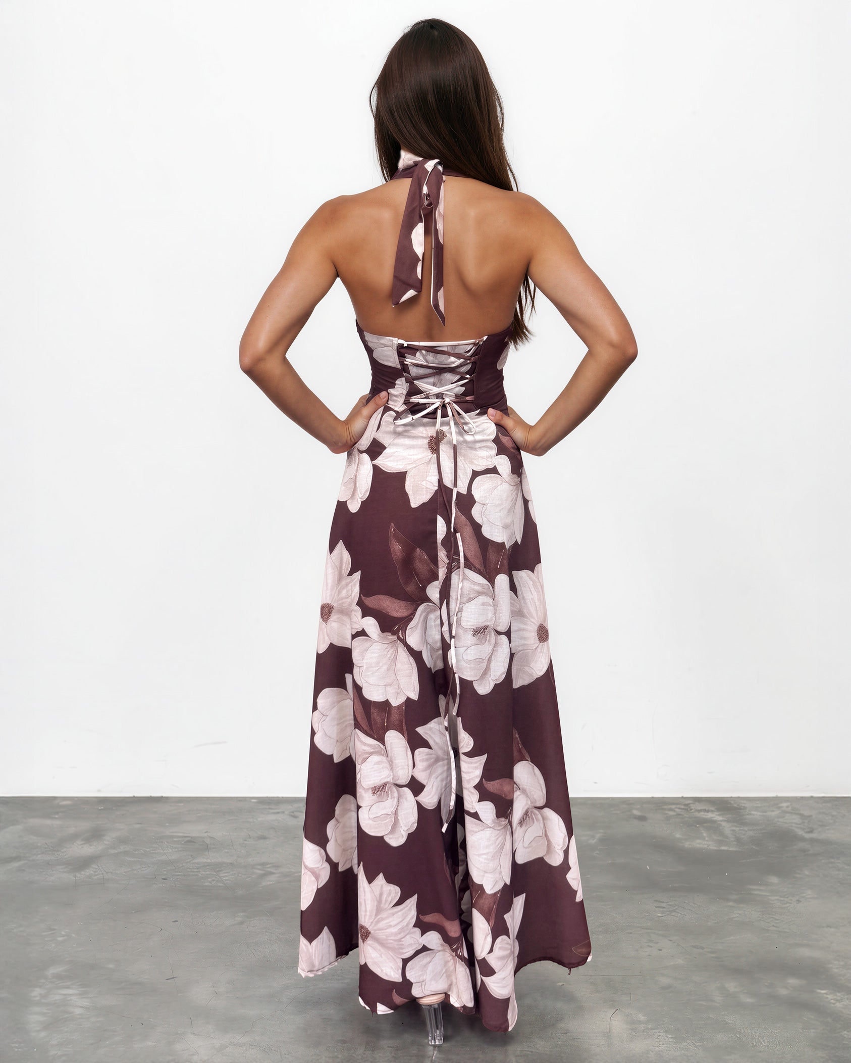 Chocolate Floral Audrey Halterneck Maxi Dress in Blue Print