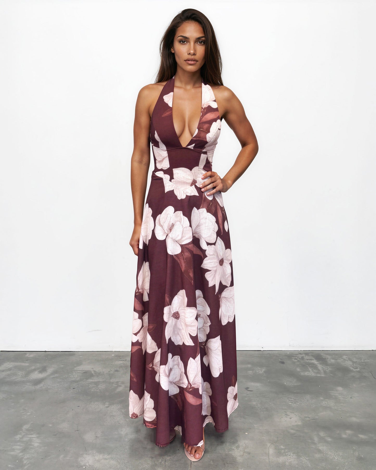 Chocolate Floral Audrey Halterneck Maxi Dress in Blue Print