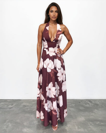 Chocolate Floral Audrey Halterneck Maxi Dress in Blue Print