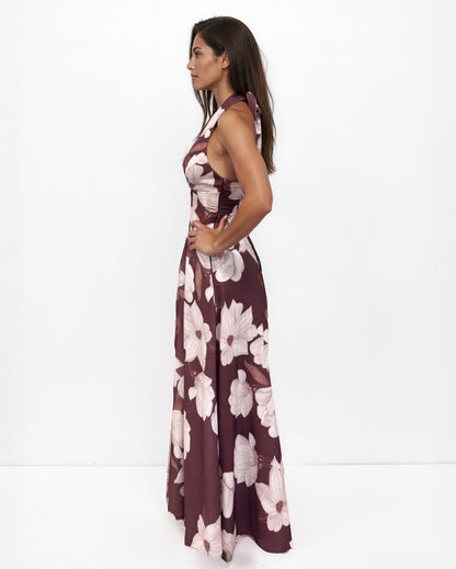 Chocolate Floral Audrey Halterneck Maxi Dress in Blue Print