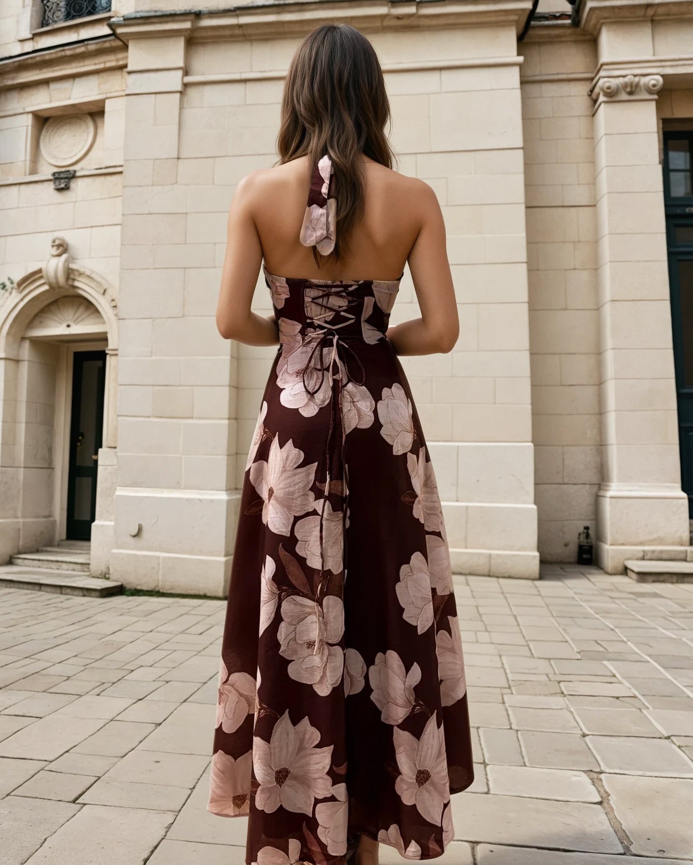 Chocolate Floral Audrey Halterneck Maxi Dress in Blue Print