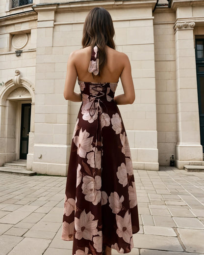 Chocolate Floral Audrey Halterneck Maxi Dress in Blue Print