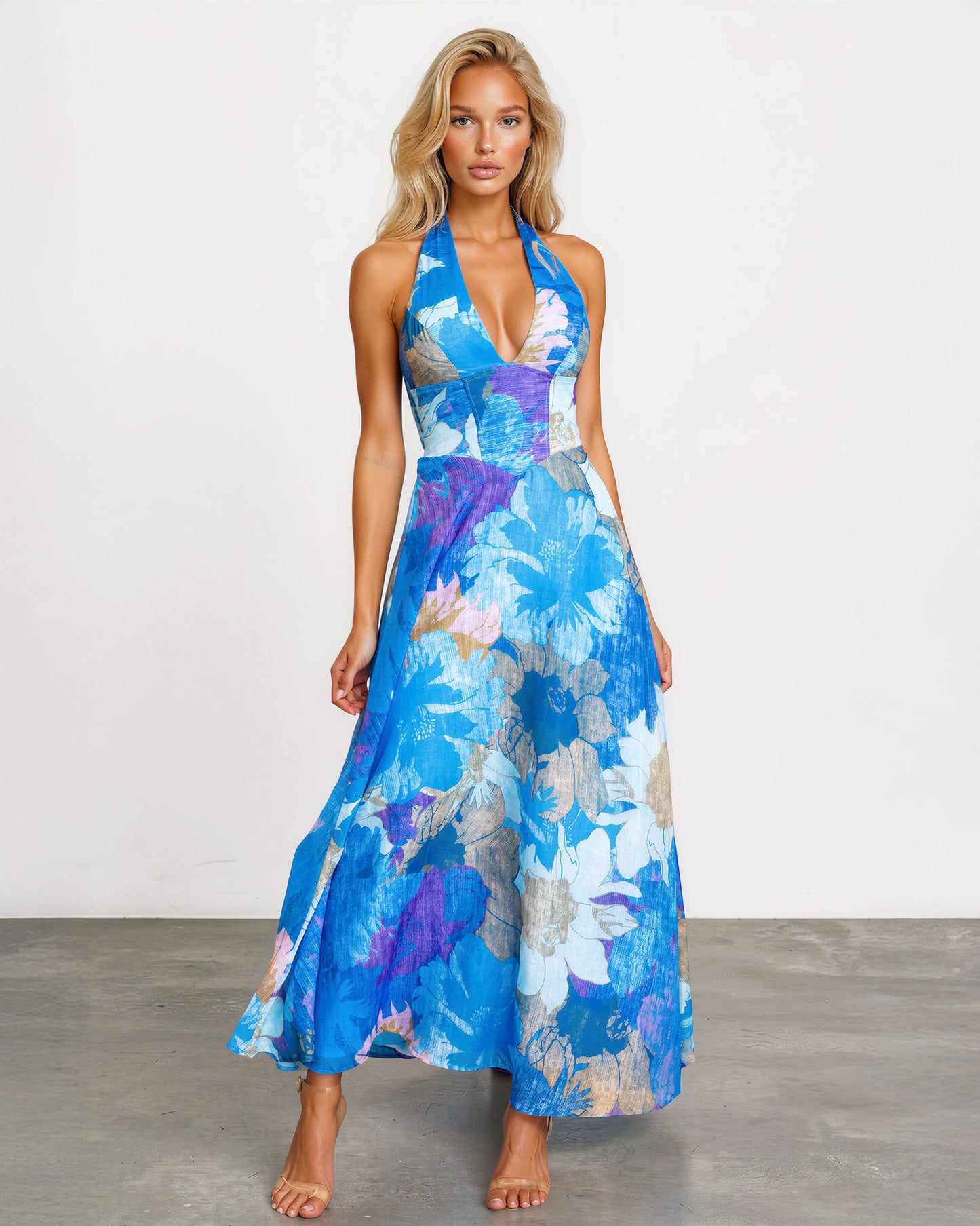 Blue Print Audrey Halterneck Maxi Dress in Blue Print