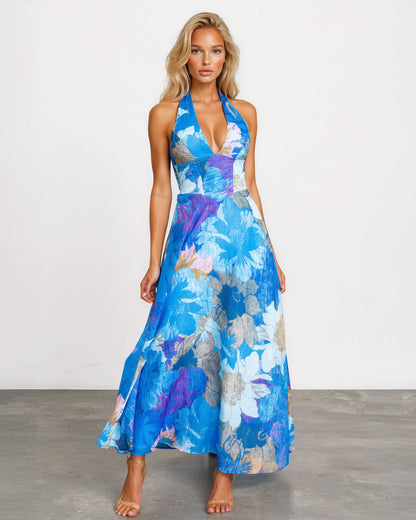 Blue Print Audrey Halterneck Maxi Dress in Blue Print