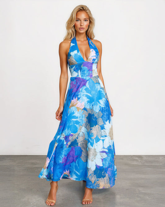 Blue Print Audrey Halterneck Maxi Dress in Blue Print