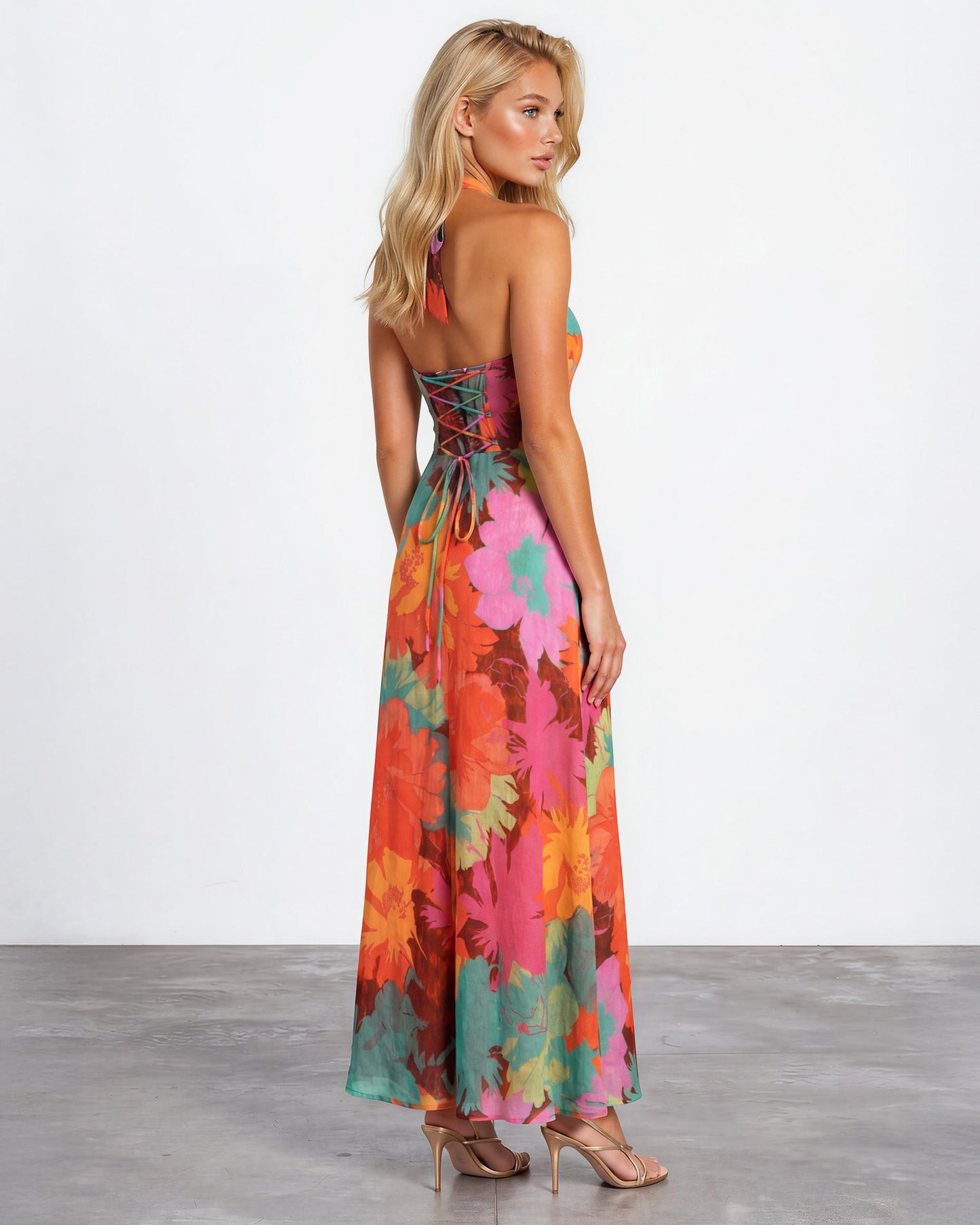 Orange Print Audrey Halterneck Maxi Dress in Blue Print