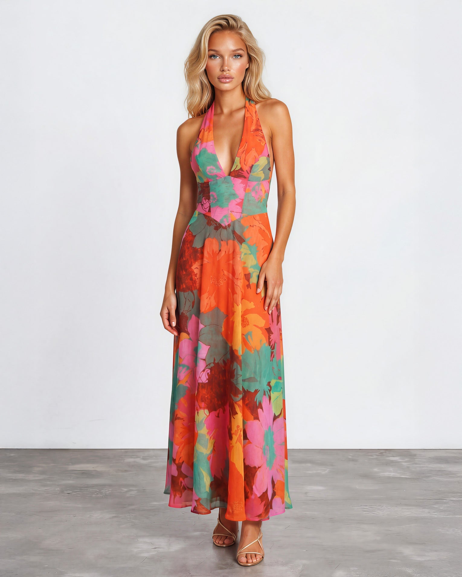 Orange Print Audrey Halterneck Maxi Dress in Blue Print
