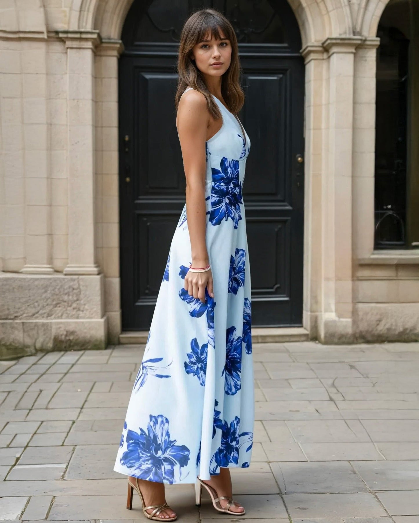 Blue Floral Audrey Halterneck Maxi Dress in Blue Print