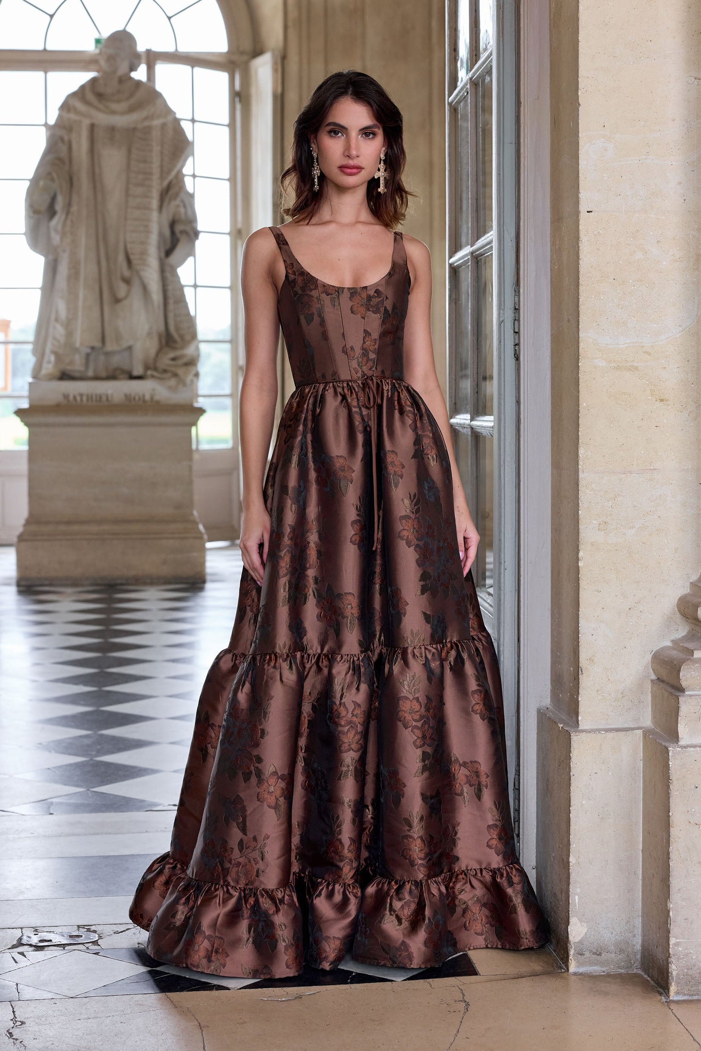 Cocoa Baroque Floral Avery Brocade Midi Dress
