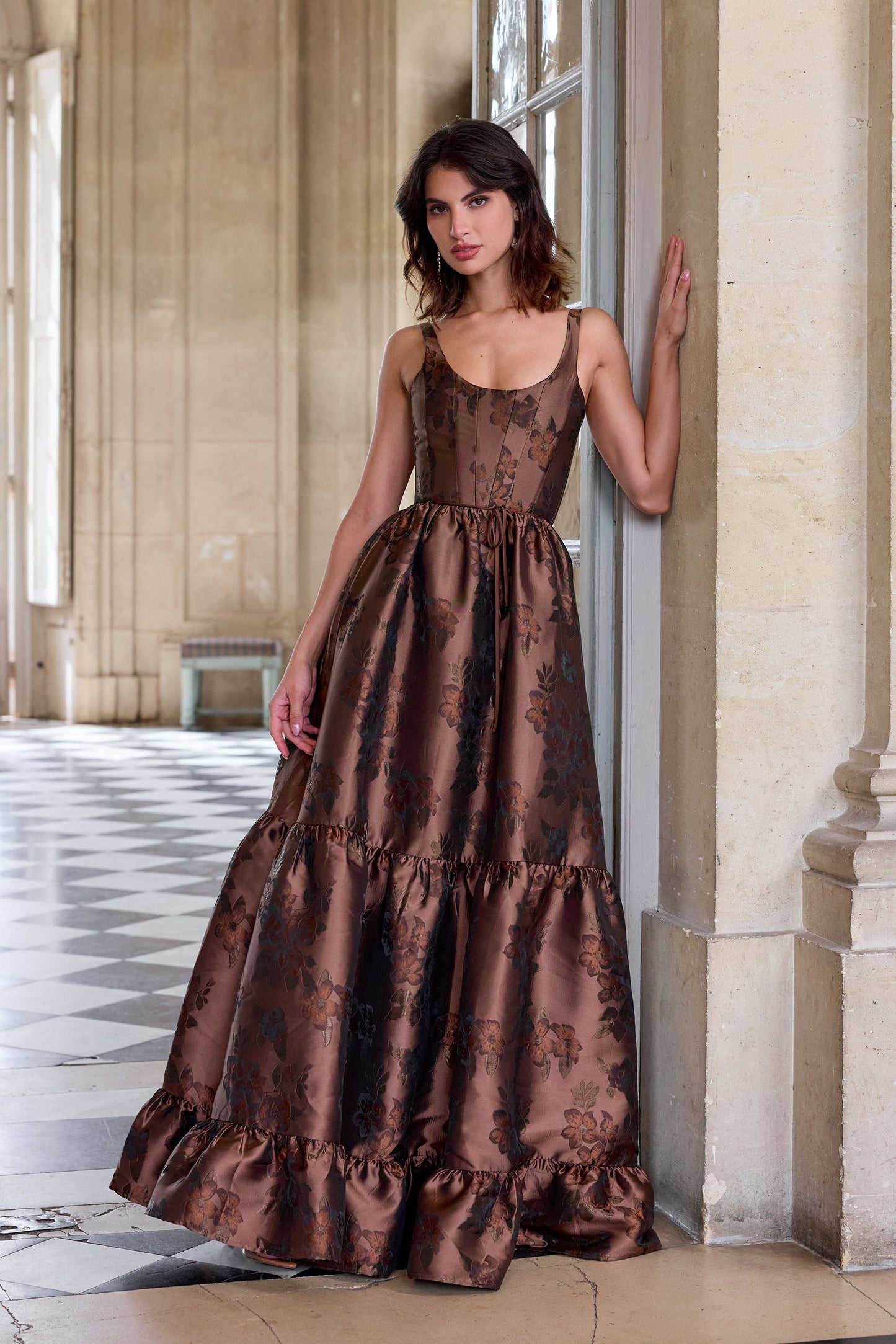Cocoa Baroque Floral Avery Brocade Midi Dress