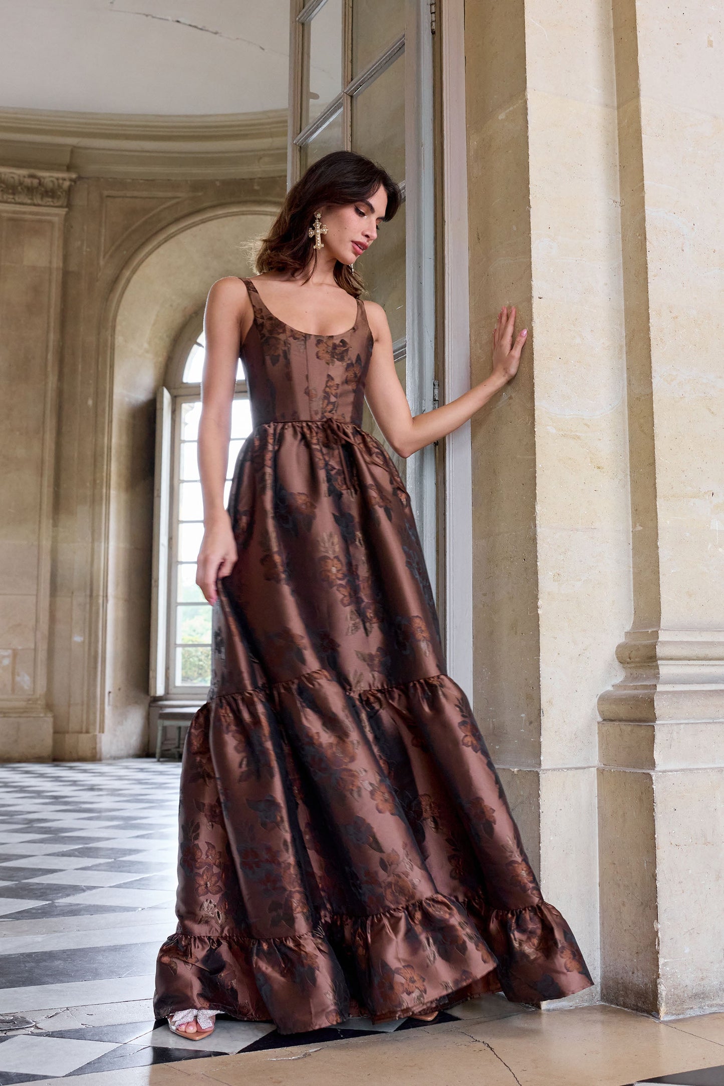 Cocoa Baroque Floral Avery Brocade Midi Dress