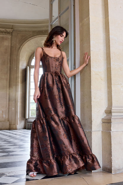 Cocoa Baroque Floral Avery Brocade Midi Dress