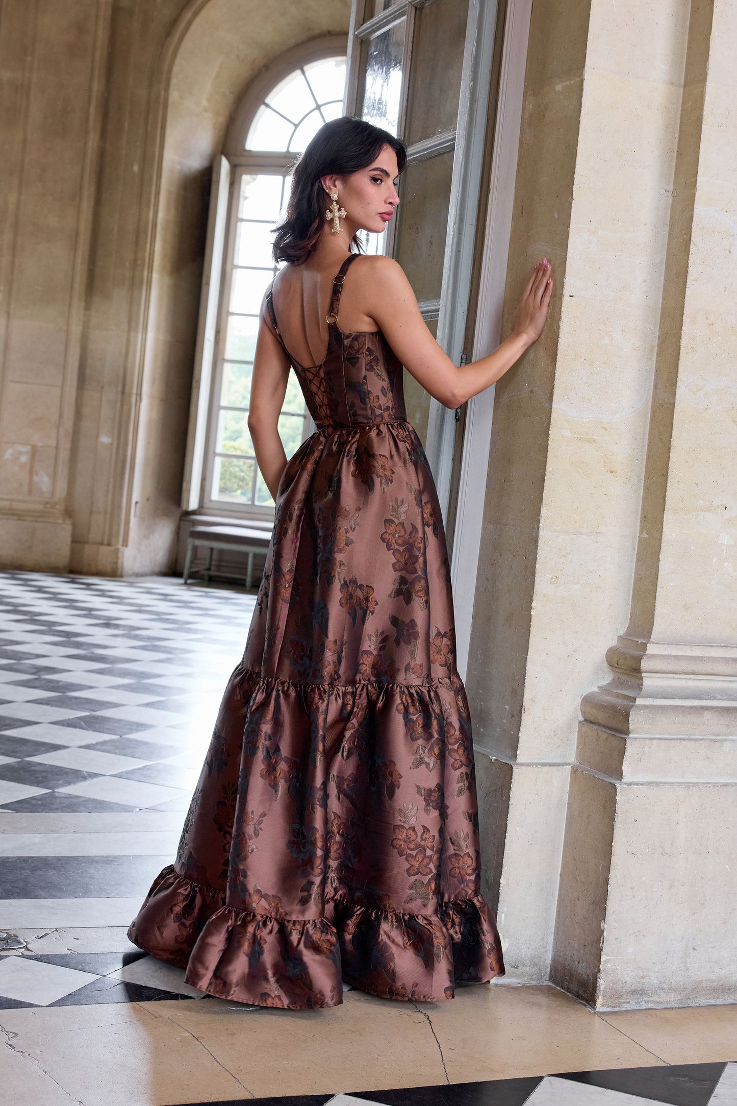 Cocoa Baroque Floral Avery Brocade Midi Dress
