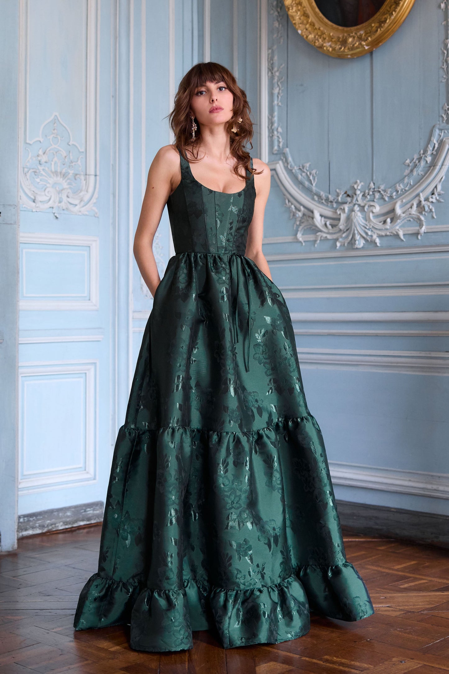 Emerald Baroque Floral Avery Brocade Midi Dress