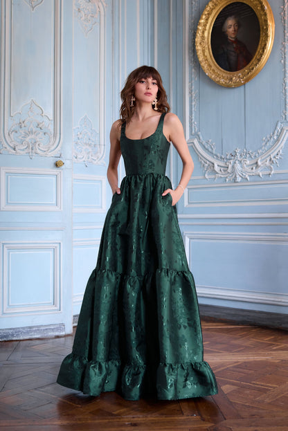 Emerald Baroque Floral Avery Brocade Midi Dress
