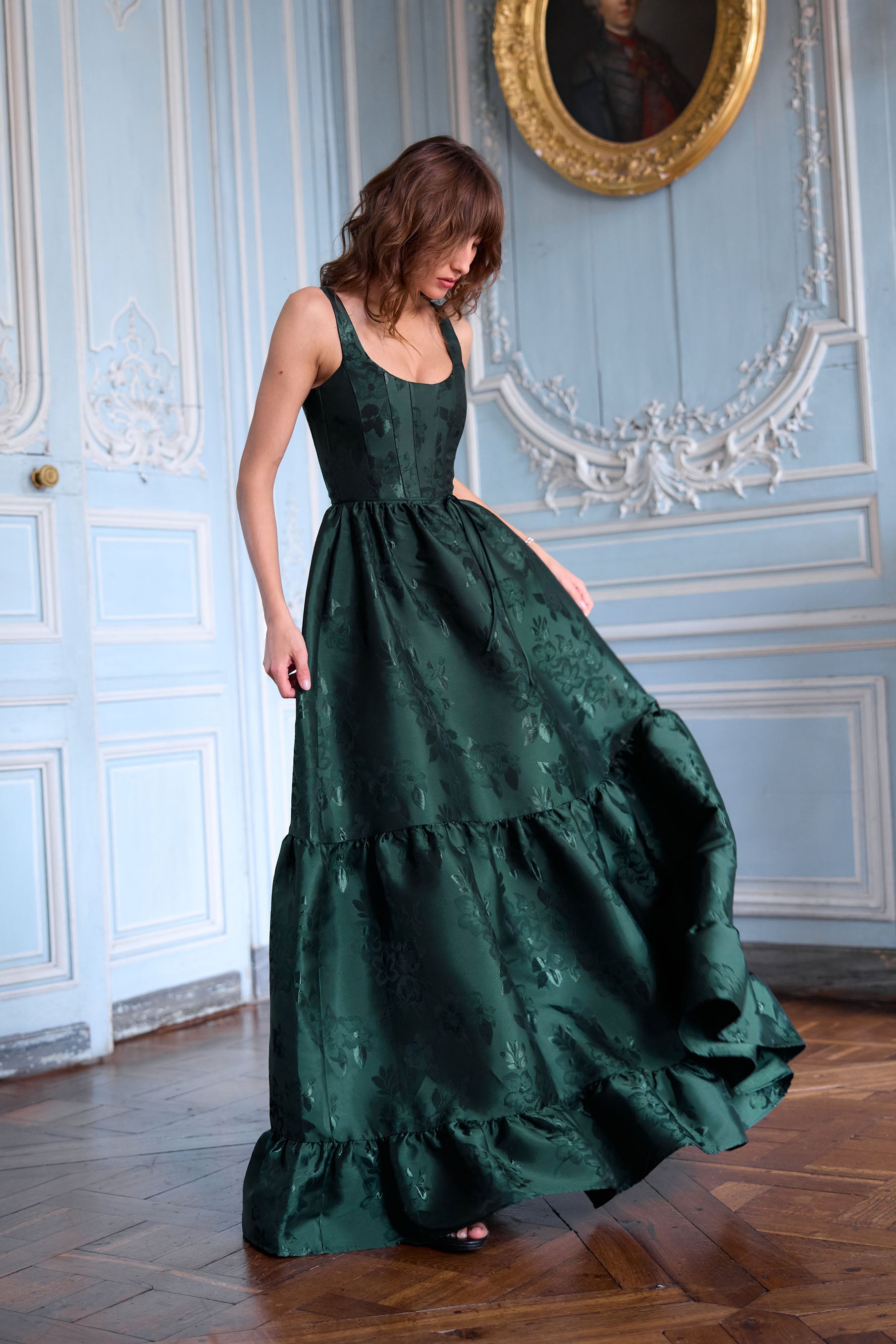Emerald Baroque Floral Avery Brocade Midi Dress