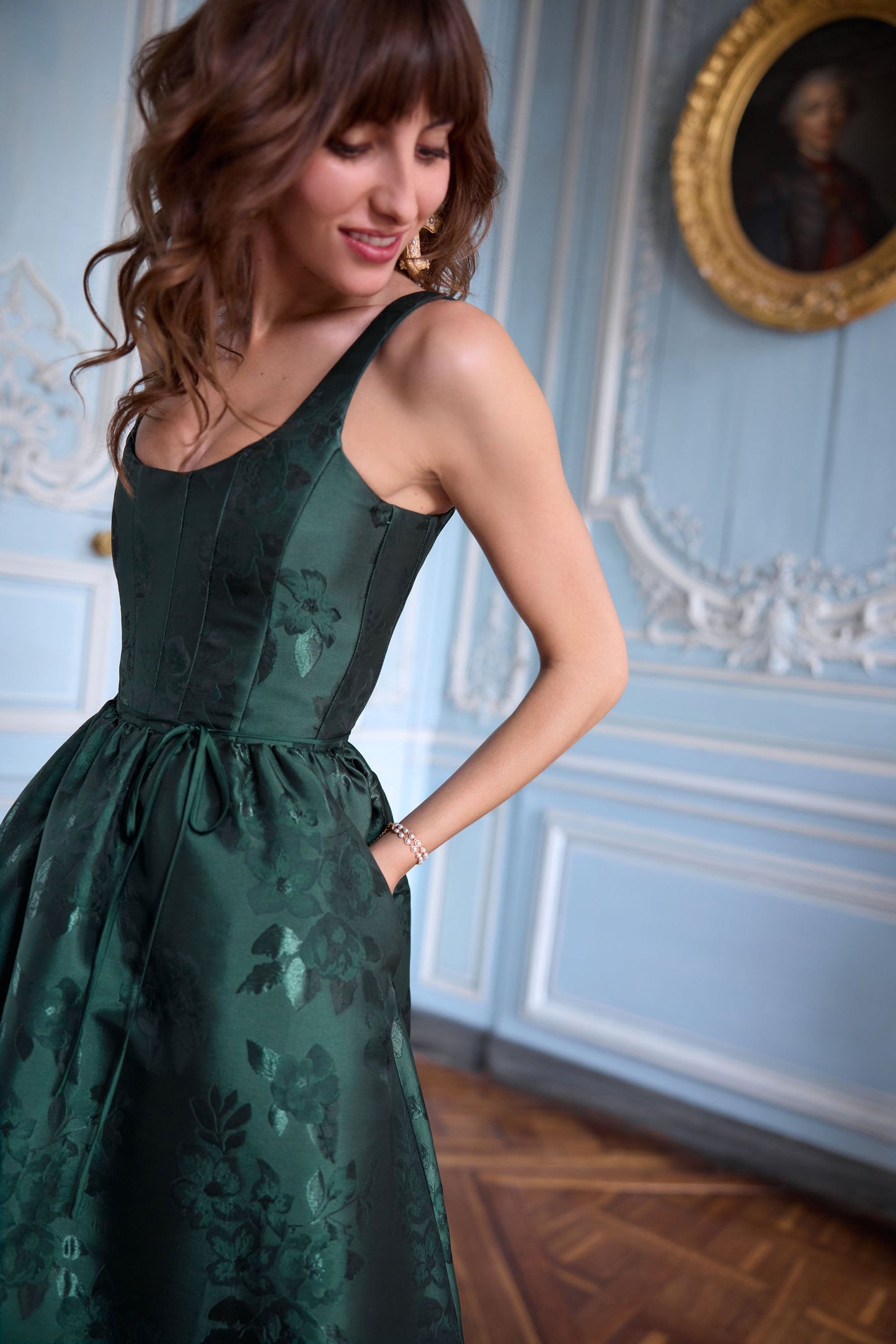 Emerald Baroque Floral Avery Brocade Midi Dress