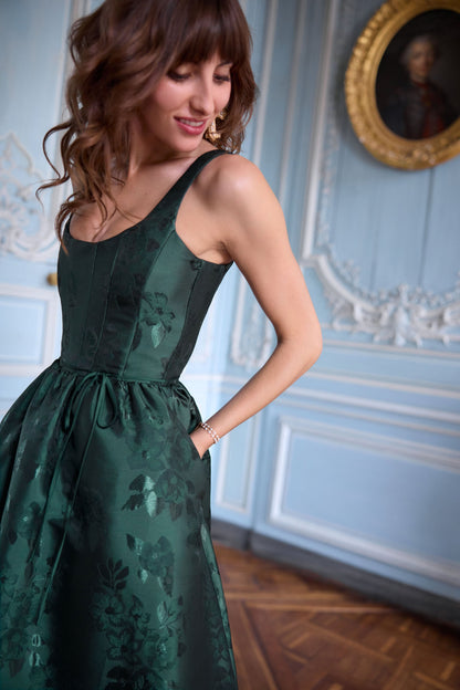 Emerald Baroque Floral Avery Brocade Midi Dress
