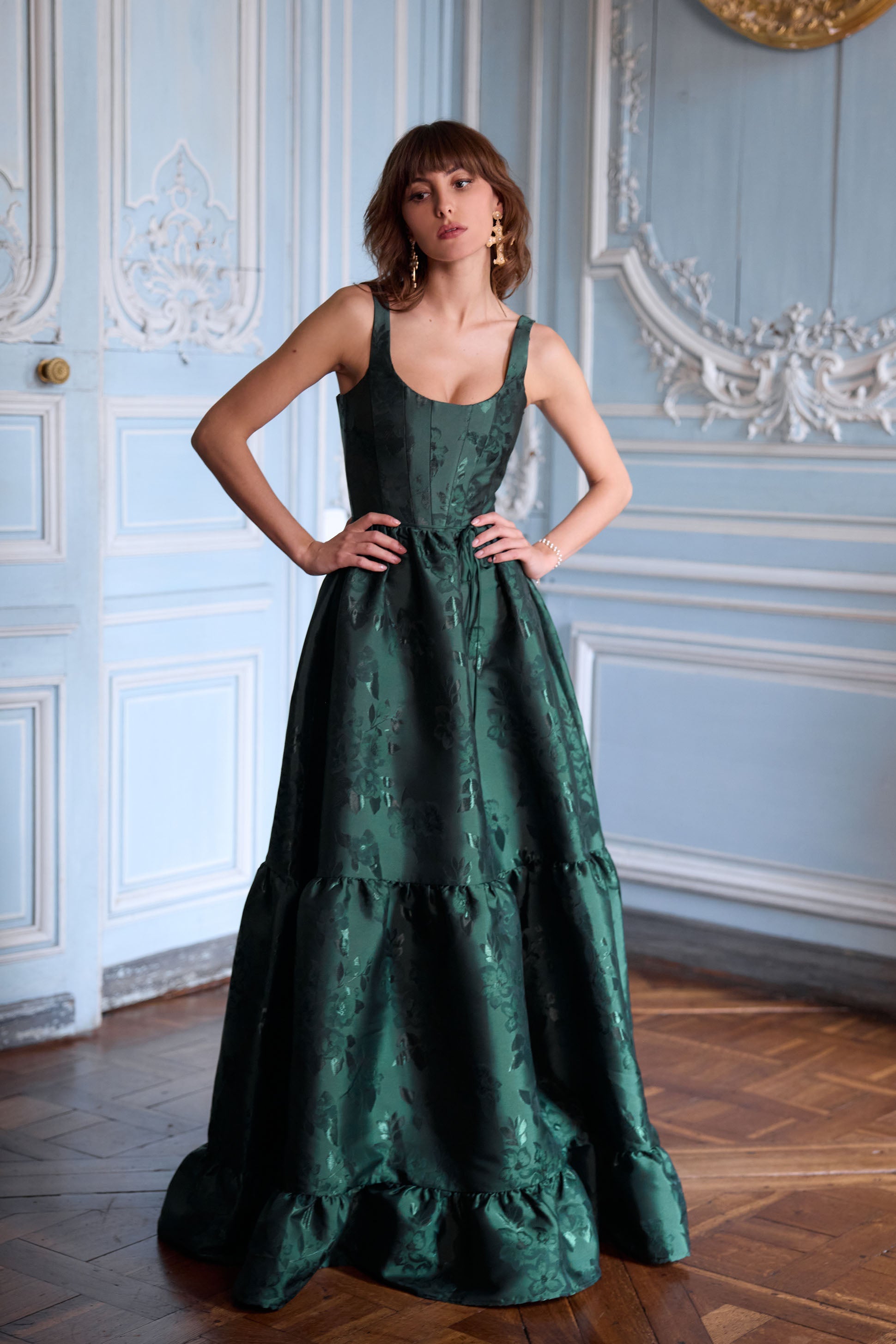 Emerald Baroque Floral Avery Brocade Midi Dress
