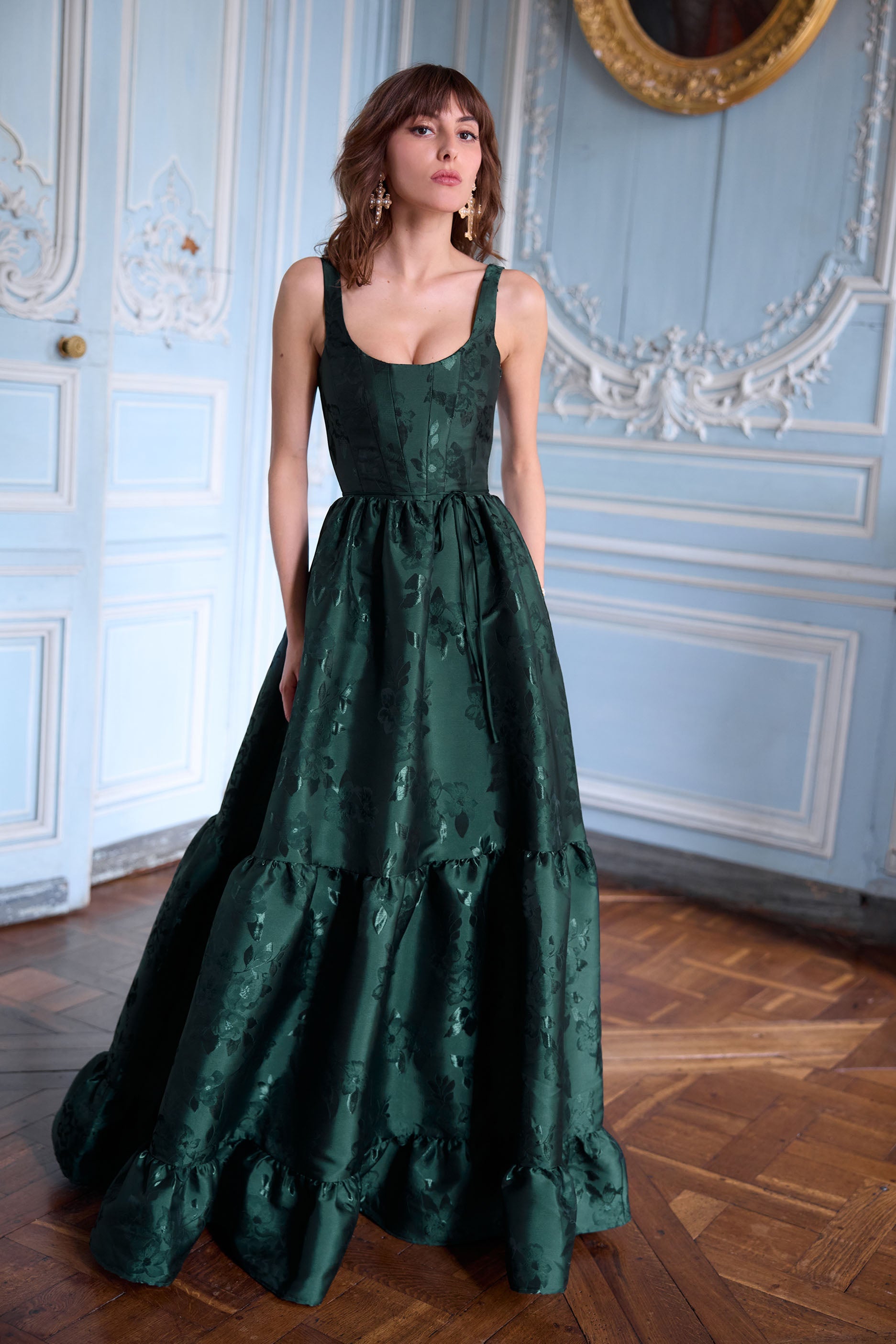Emerald Baroque Floral Avery Brocade Midi Dress