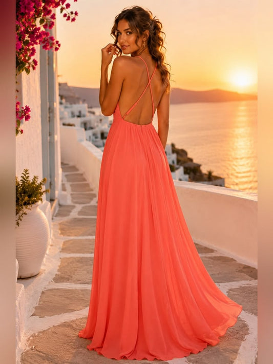 Arabella Coral Open-Back Maxi Gown