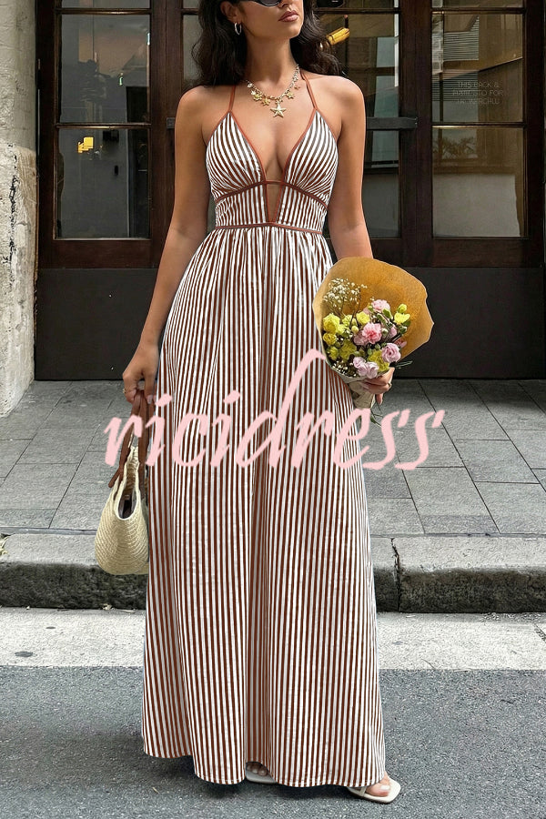 Wine Red Margot Striped V-Neck Maxi Dress