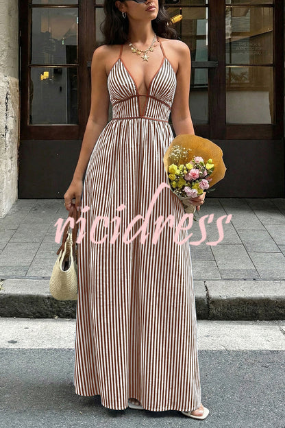 Coffee Margot Striped V-Neck Maxi Dress