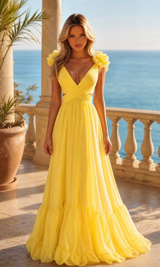 Long Prom Dress with Ruffle Straps: PromGirl Exclusive - Light Yellow / 14