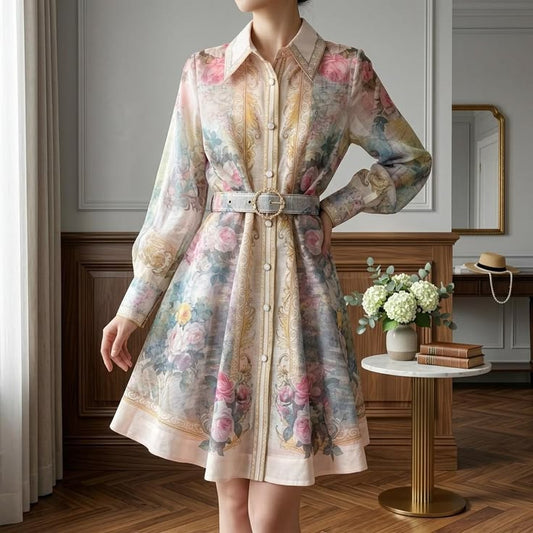 Floral Linen Mini Dress | Lantern Sleeve Lapel Shirt Dress