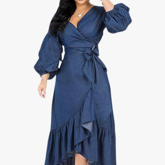 Elegant Blue Wrap Dress | Color: Blue | Size: L