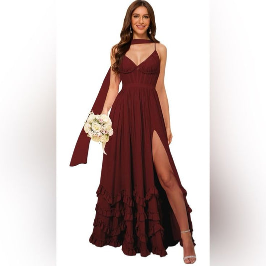 Margot Ruffle Maxi Dress in Burgundy