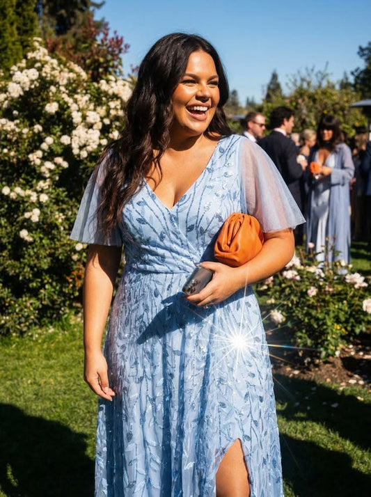pretty ALIX|Plus Size Short Sleeves Sequin High Low V-Neck Midi Formal Evening Dress