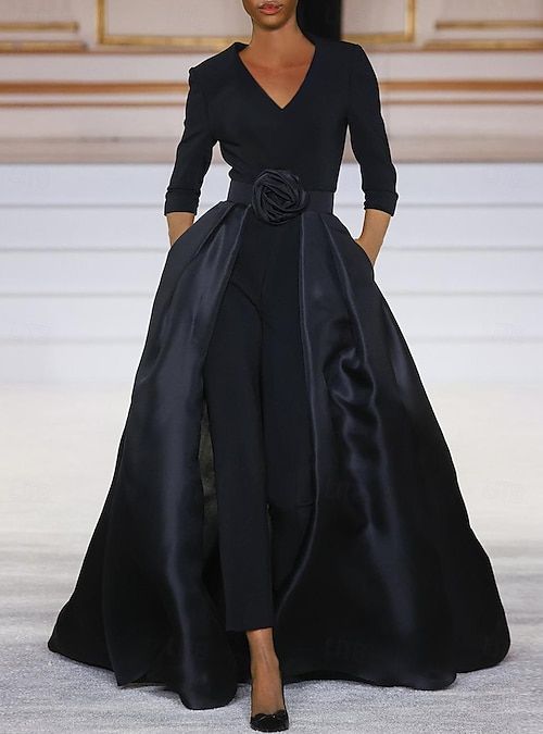 Jumpsuit Pantsuit Sweep Brush Train Mother of the Bride Dress 3/4 Length Sleeve V Neck Elegant Simple Black Dress Weddin