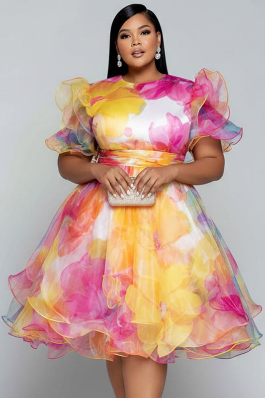 Xpluswear Design Plus Size Party Multicolor Floral Round Neck Short Sleeve Ruffle See Through Chiffon Mini Dresses [Pre-