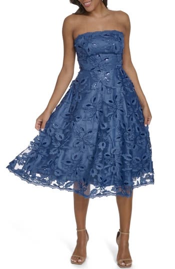 Eliza J Floral Sequin Strapless Midi Dress in Blue at Nordstrom, Size 4