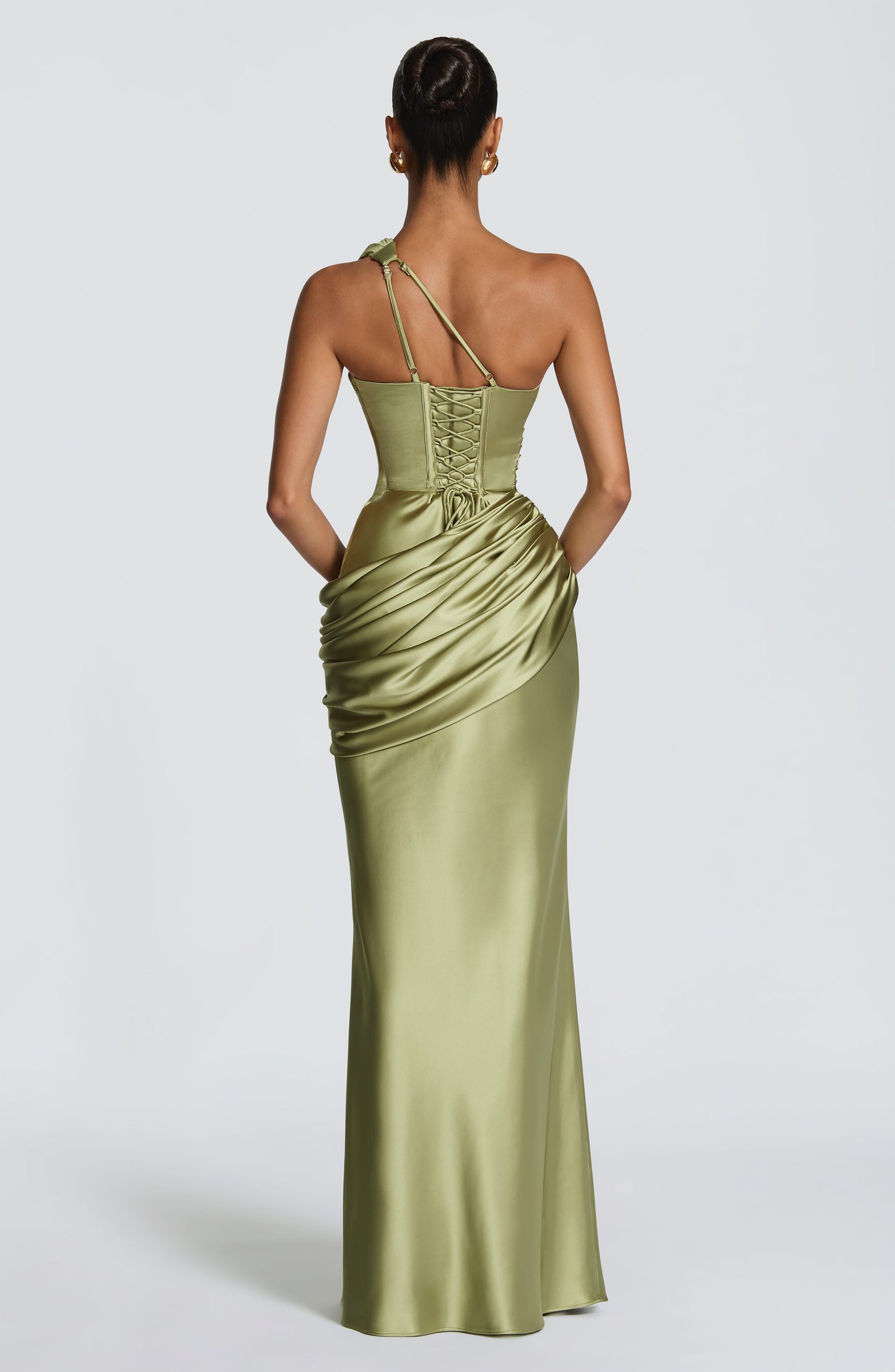 Shoulder Satin Maxi Dress in Light Olive Emina One-Shoulder Satin Maxi Dress
