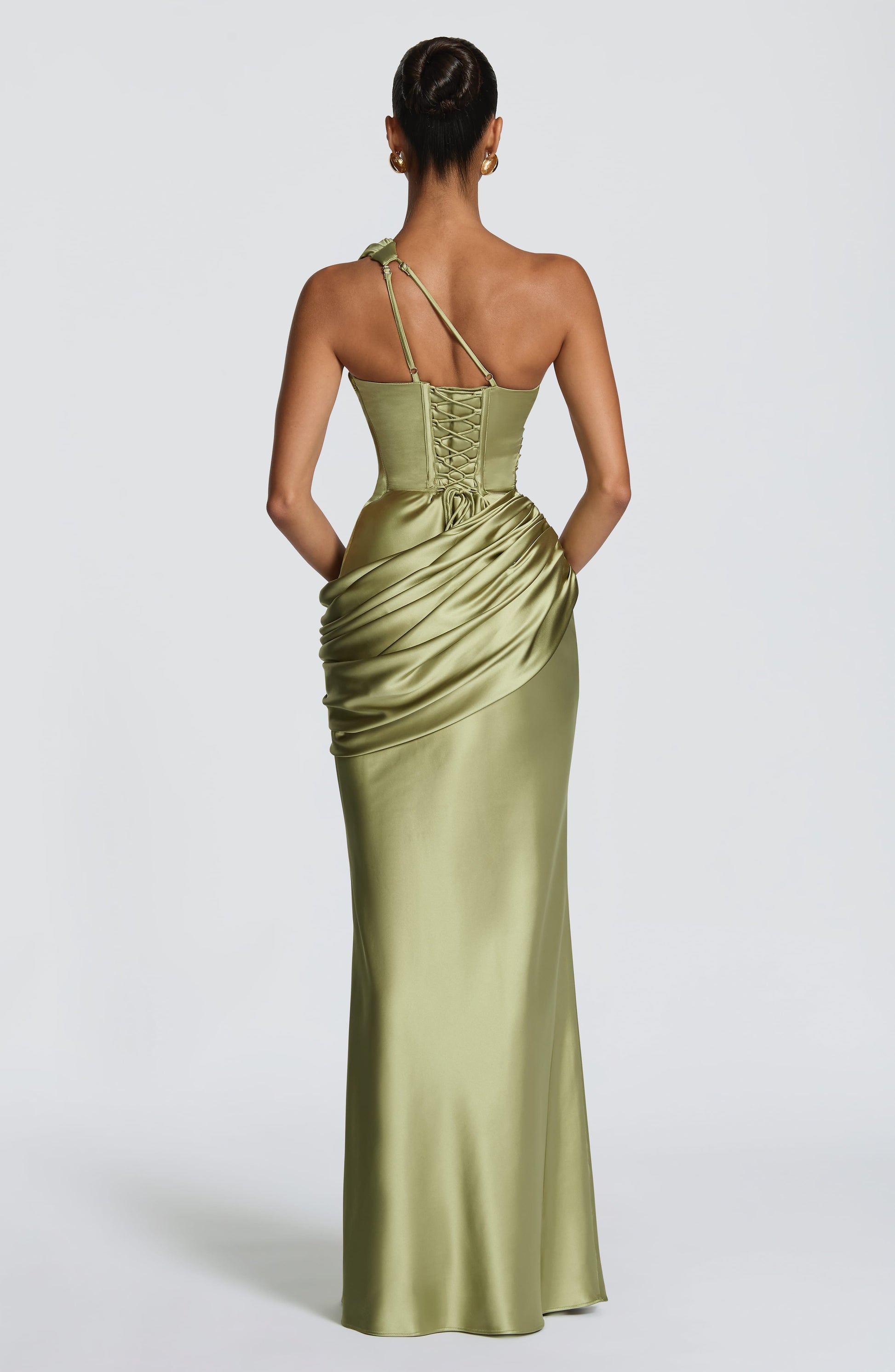 Shoulder Satin Maxi Dress in Light Olive Emina One-Shoulder Satin Maxi Dress