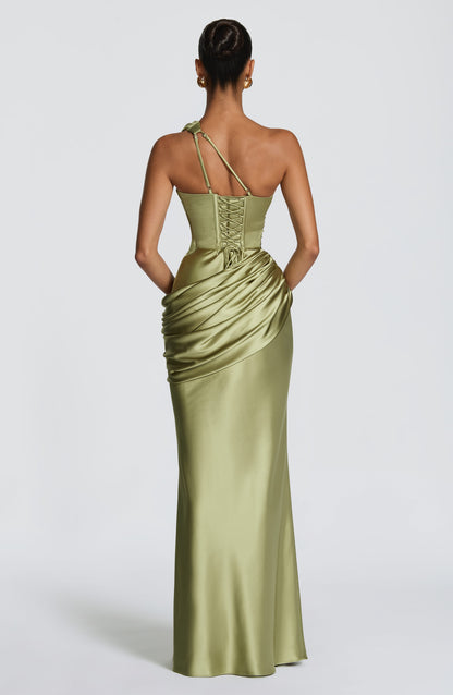 Shoulder Satin Maxi Dress in Light Olive Emina One-Shoulder Satin Maxi Dress