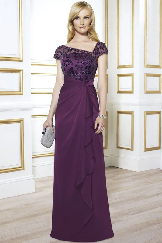 June Bridals Cap Sleeve Sequined Chiffon Formal Dress With Draping And Illusion Back Elegant V-neck - Grape/Plum, Size 4